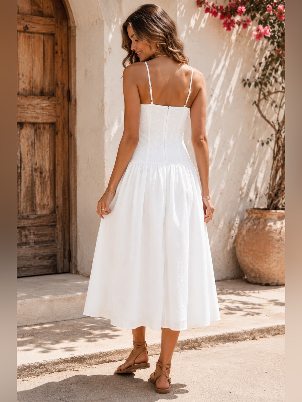 White High Neck Dropped Waist Midi A-Line Dress | Cottagecore Boho - Picture 3 of 8